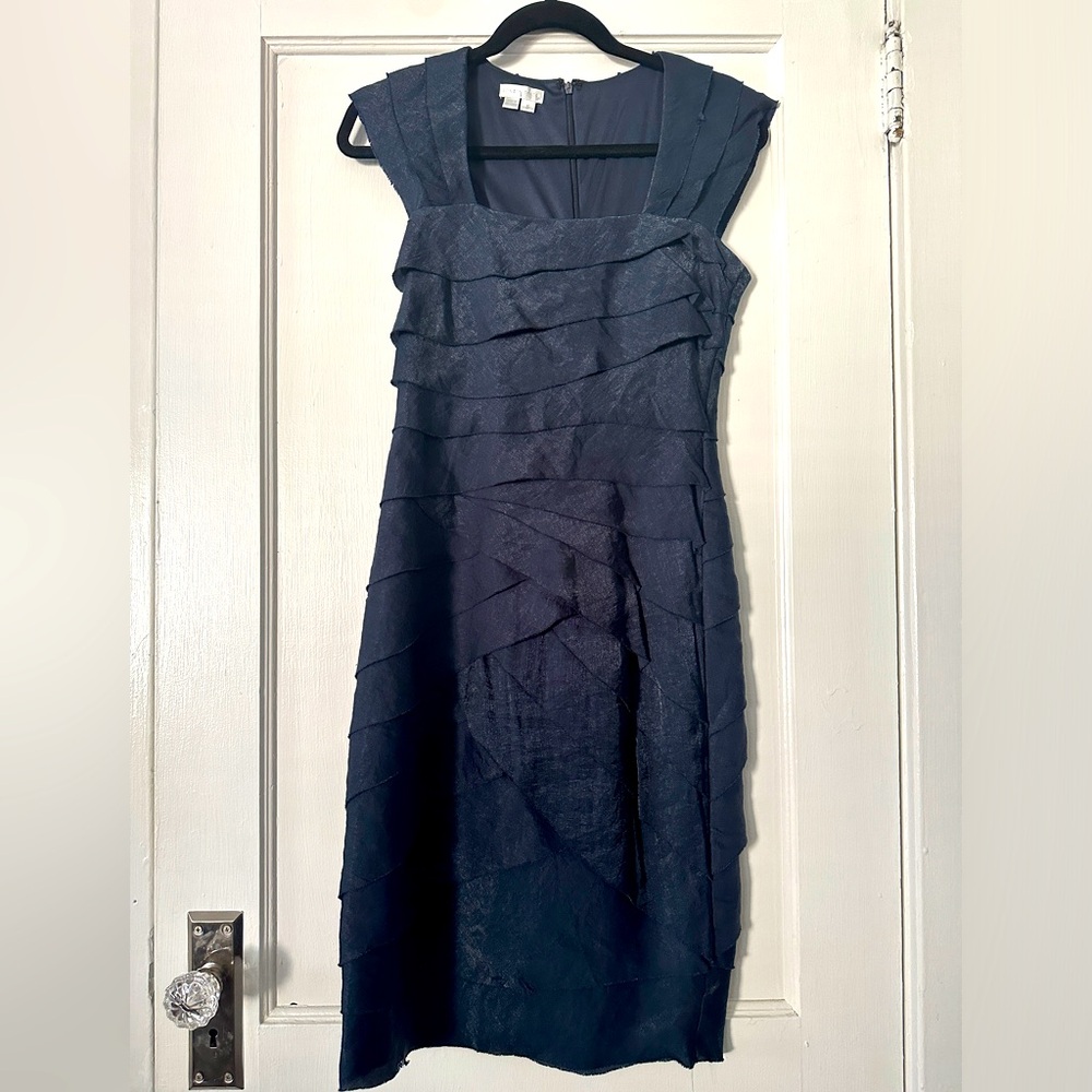 Ruffled Square Neck Midi Dress Navy Blue Size 6